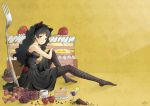  1girl akiyama_mio animal_ears antennae apple black_eyes black_hair cake candy cat_ears cup dafei dress earrings fishnets food fork fruit gift grapes jewelry k-on! lime_(fruit) listen!! long_hair pantyhose sitting solo strawberry wine_glass 