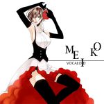  black_gloves breasts brown_eyes brown_hair dancing dress flower frills gathers gloves haruma_(high_drop) lips meiko red red_rose rose short_hair sideboob simple_background solo thigh-highs thighhighs vocaloid 