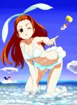  bow brown_eyes brown_hair cloud clouds face foreshortening hair_bow idolmaster kneeling long_hair minase_iori ocean outstretched_arm outstretched_hand pettan_p sky swimsuit wink 