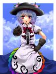  alternate_hairstyle blue_hair blush cloud clouds dress food fruit gloves hand_on_hip hat hinanawi_tenshi peach pointing red_eyes short_hair sky standing touhou yamineko 