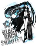  artist_request bikini_top black_hair black_rock_shooter black_rock_shooter_(character) blue_eyes cape glowing glowing_eyes long_hair masaki-rt midriff navel scar star sword twintails very_long_hair weapon 