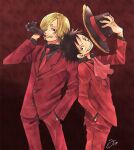  2boys aco_peda black_gloves black_hair black_shirt blonde_hair commentary_request curly_eyebrows facial_hair gloves goatee hair_over_one_eye hand_in_pocket hat holding holding_clothes holding_hat looking_at_viewer male_focus monkey_d._luffy multiple_boys mustache necktie one_piece red_necktie red_suit sanji_(one_piece) scar scar_on_face shirt signature simple_background smile suit 