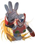  1b_104 1boy armor blonde_hair blue_eyes chest_jewel fangs forehead_jewel glowing glowing_eyes helmet highres long_hair mayutsuba_mono mega_man_(series) mega_man_x_(series) outstretched_arm red_armor red_headwear simple_background smirk solo white_background zero_(mega_man) 