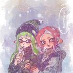 2girls agent_3_(splatoon) agent_8_(splatoon) blue_sweater_vest bobblehat brown_scarf buttons chinese_text cup disposable_cup drinking_straw fang green_hair green_jacket grey_shirt hands_on_another&#039;s_arm highres holding holding_cup inkling inkling_girl inkling_player_character jacket knit_hat long_sleeves multiple_girls octoling octoling_girl octoling_player_character orange_eyes pointy_ears redhead scarf shirt splatoon_(series) sweater_vest tentacle_hair thenintlichen96 translation_request zipper zipper_pull_tab 