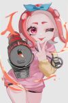  1girl :p black_shorts blaster_(splatoon) commentary_request eyelashes grey_background gun highres holding holding_gun holding_weapon hood hoodie looking_at_viewer medium_hair octoling octoling_girl octoling_player_character one_eye_closed paint pink_eyes pink_hoodie redhead shorts simple_background solo splatoon_(series) splatoon_3 tentacle_hair tongue tongue_out vmux3442 weapon 