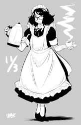  1girl apron bob_cut bow cup full_body glasses grey_background greyscale hadashi_no_kenji highres holding holding_kettle holding_plate maid maid_headdress medium_hair monochrome original plate short_sleeves standing steam teacup tiptoes 