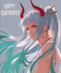  1girl aqua_hair earrings floating_hair grey_background hair_ornament happy_birthday horns japanese_clothes jewelry kimono looking_at_viewer multicolored_hair one_piece ponytail rami_rz red_horns simple_background sleeveless sleeveless_kimono smile solo twitter_username white_hair yamato_(one_piece) 
