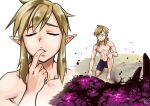  1boy bike_shorts blonde_hair blue_eyes check_commentary closed_eyes commentary_request eating finger_in_own_mouth monbetsu_kuniharu outdoors pointy_ears ponytail slime_(substance) the_legend_of_zelda the_legend_of_zelda:_breath_of_the_wild 