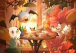  cake cookie cup eating fern food highres holding holding_cup indoors looking_at_viewer micro_bihon no_humans open_mouth oshawott pokemon pokemon_(creature) simisear sunset table teacup window woobat 