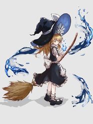  1girl apron black_dress black_footwear blonde_hair bow broom dress energy energy_ball frilled_dress frills full_body grey_background hat hat_bow highres kirisame_marisa large_hat myui17901139 shadow simple_background socks solo standing touhou white_apron white_bow white_socks witch_hat 