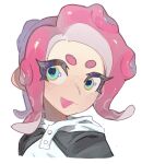  1girl aqua_eyes cephalopod_eyes commentary_request commission cropped_torso highres medium_hair octoling octoling_girl octoling_player_character open_mouth pink_hair redbeanpie0 simple_background solo splatoon_(series) tentacle_hair thick_eyebrows upper_body white_background 