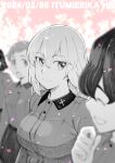  4girls akaboshi_koume breasts cherry_blossoms closed_eyes commentary dated dress_shirt english_text girls_und_panzer greyscale highres itsumi_erika kojima_emi kuromorimine_school_uniform long_hair monochrome multiple_girls school_uniform shirt short_hair skirt spot_color sutahiro_(donta) 