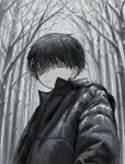  1boy :3 bare_tree black_hair black_jacket closed_mouth ear_piercing forest giv_81 grey_eyes hair_between_eyes hair_ornament hairclip highres jacket long_sleeves looking_at_viewer male_focus nature open_clothes open_jacket original outdoors piercing snow solo tree upper_body 