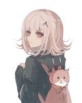  1girl absurdres animal_bag backpack bag black_jacket blunt_bangs cat_bag closed_mouth danganronpa_(series) danganronpa_2:_goodbye_despair fu_ga_(vivi912912) highres hood hood_down hooded_jacket jacket long_sleeves looking_at_viewer looking_back medium_hair nanami_chiaki pink_bag pink_eyes simple_background smile solo spaceship_hair_ornament white_background 