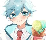  1boy alternate_costume blue_eyes blue_hair chongyun_(genshin_impact) food genshin_impact highres ice_cream jacket male_focus necktie red_necktie shirt short_hair simple_background solo ssk_mgm tongue tongue_out upper_body white_background white_jacket white_shirt 