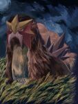  entei grass highres kurashina_(krsn_poke324) night no_humans outdoors pokemon pokemon_(creature) red_eyes serious simple_background solo spikes wheat 