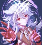  1boy ahoge bishounen bone_necklace closed_mouth genshin_impact gloves grey_hair long_hair looking_at_viewer male_focus orange_gloves razor_(genshin_impact) red_eyes reni_(18231028) scar scar_on_face solo upper_body 