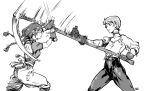  2girls artist_name english_commentary freckles gloves greyscale highres long_hair monochrome motion_blur motion_lines multiple_girls original pirata_(gailtonatiu) scythe short_hair sword twintails weapon white_background 