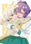  2girls absurdres ahoge araga_kiwi blazer blush fang grey_hair heart heart_ahoge highres hiiragi_utena hug jacket mahou_shoujo_ni_akogarete medium_hair multiple_girls parted_lips patipafu purple_hair school_uniform simple_background skirt smile sparkle upper_body violet_eyes yellow_background yellow_eyes yuri 