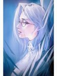  1girl aged_down blue_eyes brooch chinese_commentary commentary dreya_(path_to_nowhere) eyewear_strap forehead from_side highres jewelry long_hair monocle parted_lips path_to_nowhere portrait profile shirt solo turtleneck white_hair white_shirt yu_zhezhe 