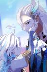  1boy 1girl ahoge blue_sky couple domenica_mpana from_side furina_(genshin_impact) genshin_impact hand_on_another&#039;s_cheek hand_on_another&#039;s_face height_difference hetero highres long_hair neckerchief neuvillette_(genshin_impact) outdoors sky smile white_hair white_neckerchief 