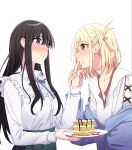  2girls absurdres bandaid bandaid_on_neck black_hair black_skirt blonde_hair blue_jacket blue_ribbon blush bob_cut breasts brooch cake chinese_commentary collarbone english_commentary finger_in_another&#039;s_mouth food food_on_face hair_between_eyes hair_ornament hairclip heart heart_brooch highres inoue_takina jacket jewelry jovei large_breasts long_hair long_sleeves looking_at_another lycoris_recoil medium_breasts mixed-language_commentary multiple_girls neck_ribbon nishikigi_chisato off_shoulder one_side_up open_mouth pleated_skirt red_eyes ribbon shirt sidelocks simple_background skirt upper_body violet_eyes white_background white_shirt yuri 
