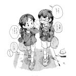  2boys bag child commentary_request cosusorai glasses gloves greyscale highres male_focus monochrome multiple_boys original short_hair shorts simple_background speech_bubble translation_request white_background 