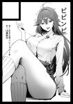  1girl alternate_costume breasts comiket_104 goddess_of_victory:_nikke greyscale guriddopitto gyaru highres kneehighs long_hair long_sleeves monochrome necktie nihilister_(nikke) shirt skirt socks solo tongue tongue_out translation_request white_shirt 