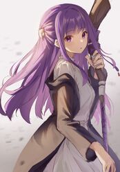  1girl black_coat coat dress fern_(sousou_no_frieren) highres long_hair looking_at_viewer mage_staff parted_lips purple_hair sketch solo sousou_no_frieren tazaki_yokka violet_eyes white_dress wizard 