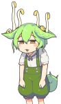  1girl :3 animal_ears bean_sprout blush_stickers commentary_request double-parted_bangs edamame feet_out_of_frame flat_color furrowed_brow green_hair green_shorts growth half-closed_eyes highres no_nose open_mouth puffy_short_sleeves puffy_sleeves shirt short_sleeves shorts solo soybean standing suspender_shorts suspenders transparent_background user_vsxg2475 voiceroid voicevox white_shirt yellow_eyes zundamon 