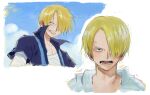  1boy blonde_hair cigarette collared_shirt commentary hair_over_one_eye highres linerynlasgalen looking_at_viewer looking_to_the_side male_focus multiple_views one_piece sanji_(one_piece) shirt short_hair sky solo symbol-only_commentary 