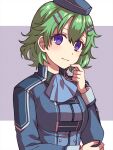  1girl ascot blue_ascot blue_jacket chihiro_(chihiro3399) closed_mouth commentary eiyuu_densetsu eyebrows_hidden_by_hair eyelashes green_hair grey_background hair_between_eyes hair_ornament hairclip hand_up highres index_finger_raised jacket light_blush long_sleeves looking_at_viewer musse_egret sen_no_kiseki sen_no_kiseki_iii short_hair simple_background smile solo tareme two-tone_background upper_body violet_eyes white_background 
