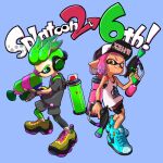  1boy 1girl anniversary baseball_cap bike_shorts black_leggings black_shorts blue_background blue_footwear closed_mouth commentary_request cross-laced_footwear dual_wielding full_body green_eyes green_hair grey_shirt gun hat headphones highres holding holding_gun holding_weapon ink_tank_(splatoon) inkling inkling_boy inkling_girl inkling_player_character leggings leggings_under_shorts orange_eyes pink_hair pointy_ears print_shirt shirt shoes short_hair shorts simple_background smile splat_dualies_(splatoon) splatoon_(series) splatoon_2 splattershot_(splatoon) standing tentacle_hair v-shaped_eyebrows weapon white_shirt xdies_ds yellow_footwear 