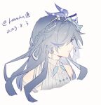  1girl bare_shoulders bird_hair_ornament blue_eyes blue_hair closed_mouth dated dress earrings fu_hua fu_hua_(azure_empyrea) fu_hua_(cerulean_court) grey_hair hair_ornament hair_over_one_eye halter_dress halterneck haruka_(rsyaooooo) honkai_(series) honkai_impact_3rd jewelry long_hair multicolored_clothes multicolored_dress official_alternate_costume simple_background sleeveless sleeveless_dress solo twitter_username wedding_dress white_background white_dress 