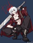  1boy belt_bra blue_eyes coat dante_(devil_may_cry) devil_may_cry_(series) devil_may_cry_3 fingerless_gloves gloves highres holding male_focus pale_skin rebellion_(sword) red_coat smile solo weapon white_hair 