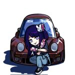  +_+ 1girl black_shirt blue_pants car corrupted_twitter_file duz english_commentary gloves hair_ornament highres holding holding_wrench hoshino_ai_(oshi_no_ko) looking_at_viewer midnight_club_(street_racing) motor_vehicle oshi_no_ko pants pink_gloves porsche_911 porsche_930 purple_hair rabbit_hair_ornament shadow shirt simple_background smile solo sports_car squatting tongue tongue_out violet_eyes white_background wrench 