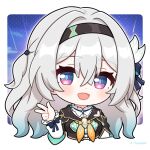  1girl :d black_hairband black_jacket blush chibi commentary_request firefly_(honkai:_star_rail) grey_hair hairband hand_up honkai:_star_rail honkai_(series) jacket jiu_fanglianhua long_hair long_sleeves looking_at_viewer neckerchief open_mouth shirt smile solo upper_body very_long_hair violet_eyes w white_shirt yellow_neckerchief 