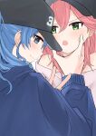  2girls alternate_costume ao_(aoi_over) bare_shoulders baseball_cap black_headwear blue_eyes blue_hair blue_hoodie blush check_commentary closed_mouth commentary_request earrings green_eyes hair_between_eyes hand_on_another&#039;s_face hat highres hololive hood hood_down hoodie hoshimachi_suisei jewelry light_smile long_hair long_sleeves looking_at_another looking_at_viewer looking_back multiple_girls open_mouth pink_hair profile sakura_miko smile star_(symbol) star_earrings star_in_eye symbol_in_eye upper_body v v-shaped_eyebrows virtual_youtuber yuri 