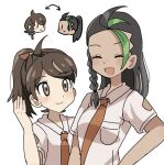  2girls alternate_hairstyle black_hair braid brown_eyes brown_hair chibi chibi_inset dark-skinned_female dark_skin eyelashes freckles green_hair hairstyle_switch han0579 juliana_(pokemon) multicolored_hair multiple_girls naranja_academy_school_uniform necktie nemona_(pokemon) orange_necktie pokemon pokemon_sv ponytail school_uniform shirt single_braid smile two-tone_hair upper_body white_background white_shirt 