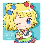  1girl blonde_hair blue_background blue_bow blue_eyes blunt_bangs border bow character_name chibi chii_(chi_pppuri) commentary_request cone_hair_bun cowboy_shot double_bun dress drop_shadow hair_bow hair_bun hands_up happy_birthday heart heart_hands idol_clothes looking_at_viewer minami_mirei multicolored_clothes multicolored_dress one_eye_closed open_mouth outside_border pretty_series pripara red_bow short_hair smile solo standing white_border 