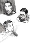  3boys chengongzi123 closed_mouth facial_hair goatee goatee_stubble golden_kamuy greyscale highres looking_at_viewer looking_to_the_side male_focus monochrome multiple_boys mustache_stubble ogata_hyakunosuke portrait scar scar_on_cheek scar_on_face short_hair simple_background stubble tsukishima_hajime undercut ushiyama_tatsuma very_short_hair white_background 