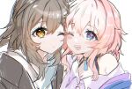  2girls black_choker black_jacket blue_eyes blush brown_hair choker closed_mouth commentary_request dot_mouth hair_between_eyes hana_kon_(17aaammm) highres honkai:_star_rail honkai_(series) jacket looking_at_viewer march_7th_(honkai:_star_rail) medium_hair multiple_girls one_eye_closed open_mouth pink_eyes pink_hair shirt side-by-side simple_background single_bare_shoulder smile stelle_(honkai:_star_rail) trailblazer_(honkai:_star_rail) two-tone_eyes upper_body white_background white_shirt yellow_eyes 