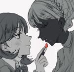  2girls blush bow bowtie braid cardigan choker close-up closed_eyes collared_shirt commentary_request cosmetics crown_braid earrings from_side greyscale hand_up highres holding holding_lipstick_tube io_(megami_tensei) jewelry lipstick_tube looking_at_another medium_hair monochrome multiple_girls parted_lips persona persona_3 persona_3_reload portrait profile shirt short_hair simple_background spot_color stud_earrings takeba_yukari upper_body yuyuy_00 