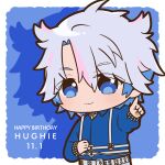  1boy blue_background blue_eyes blue_hair blue_shirt border character_name chest_harness chibi chii_(chi_pppuri) closed_mouth collared_shirt commentary_request drop_shadow hair_between_eyes happy_birthday harness hughie_(waccha_primagi!) long_sleeves looking_at_viewer male_focus multicolored_hair outside_border pink_hair pretty_series shirt short_hair smile solo standing streaked_hair upper_body waccha_primagi! white_border 
