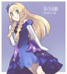  1girl bare_shoulders blonde_hair blue_dress braid dated dress elbow_gloves gloves gradient_dress green_eyes hair_ornament han0579 lillie_(anniversary_2021)_(pokemon) lillie_(pokemon) long_hair looking_at_viewer official_alternate_costume pokemon pokemon_masters_ex purple_background smile solo twin_braids white_gloves 