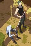  2boys absurdres black_tank_top blonde_hair boots cigarette enaka67 full_body green_hair hand_on_own_hip highres holding holding_cigarette kneehighs leaf male_focus multiple_boys one_piece roronoa_zoro ruins sanji_(one_piece) sash scar scar_across_eye short_hair sitting smoke socks sword tank_top tree weapon 