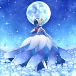  1other absurdres blue_flower colored_skin commentary_request dress falling_petals field flower flower_field from_side gardevoir green_hair hand_up highres mega_gardevoir moon ms_misubaru_mk2 night outdoors petals pokemon pokemon_(creature) red_eyes solo standing white_skin 