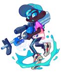  1boy :d aqua_eyes aqua_hair aqua_headwear baseball_cap black_leggings commission dark-skinned_male dark_skin e-liter_4k_(splatoon) english_commentary full_body gradient_shirt gun hat holding holding_gun holding_weapon leggings male_focus octoling octoling_boy octoling_player_character open_mouth paint pink_shirt scope shirt shoes short_hair simple_background smile solo splatoon_(series) splatoon_3 standing standing_on_one_leg tentacle_hair thick_eyebrows tokkibada watermark weapon white_background 