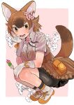  1girl absurdres animal_ears bag bike_shorts bike_shorts_under_skirt brown_hair collared_shirt dango dhole_(kemono_friends) dog_ears dog_girl dog_tail double-parted_bangs drawstring extra_ears fangs flower food full_body gloves hair_flower hair_ornament hand_on_own_cheek hand_on_own_face hand_on_own_knee hand_up highres holding holding_food holding_skewer igarashi_(nogiheta) japari_symbol kemono_friends kemono_friends_3 leaning_forward looking_at_viewer medium_hair miniskirt multicolored_hair open_mouth sanshoku_dango shirt shoes short_sleeves skewer skirt smile solo squatting tail wagashi white_gloves white_hair white_shirt wing_collar yellow_eyes 