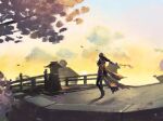  1girl braid genshin_impact highres japanese_clothes kimono landscape outdoors purple_kimono raiden_shogun single_braid solo standing stone_floor tree twilight walking zuu_(kyuudo9) 